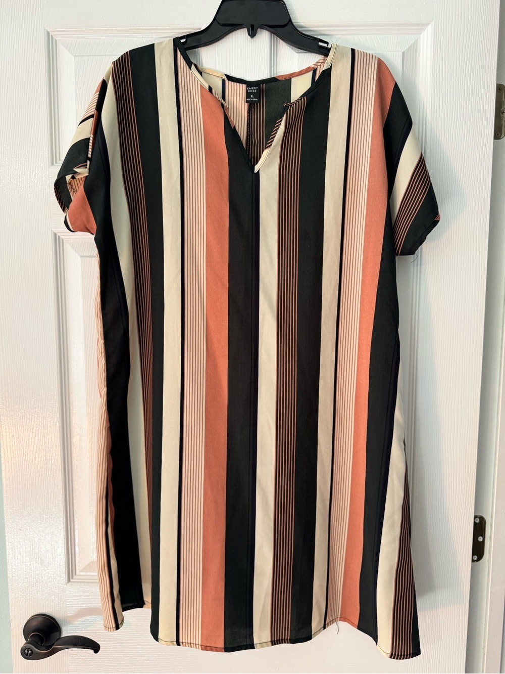Emily Rose Vertical Stripe V-Neck Tunic in Black, Cream & Rust